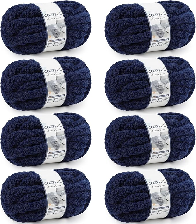 Cozyful Chunky Yarn for Hand Knitting - #10 Chunky Chenille Yarn, Jumbo Big Thick Chunky Yarns for Crocheting, Super Bulky Chunky Knit Blanket Yarns, 8 Skein (22 yds 8 oz Each Skein), Navy Blue