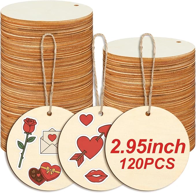 Jetec 120 Pcs Wooden Circles with Holes Unfinished Round Discs for DIY Craft Painting, Engraving, Christmas Ornaments, Gift Tags, Wedding Decorations