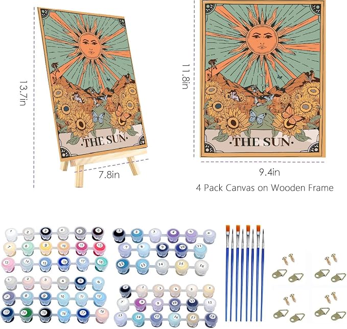 3 Pack Paint by Numbers Kit for Adults Framed Canvas, with Wooden Easel | Framed Canvas, Paint by Numbers for Kids Ages 8-12, Sun and Moon DIY Acrylic Landscape Oil Painting Arts Crafts, 9.45x11.8in