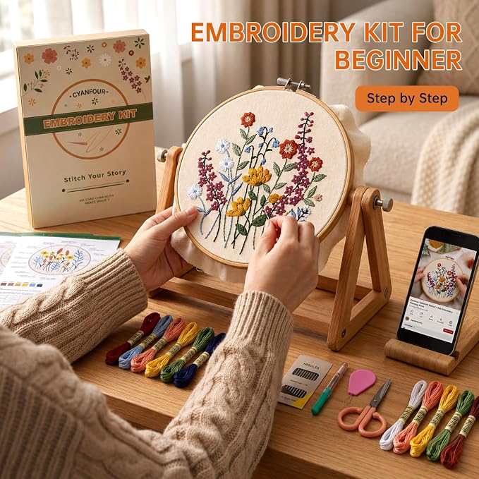 CYANFOUR 5 Pack Beginner Embroidery Kit for Adults with Video & Instruction | Easy to Learn Floral Embroidery Patterns, Includes Multiple Accessories, Gift for Craft Lovers