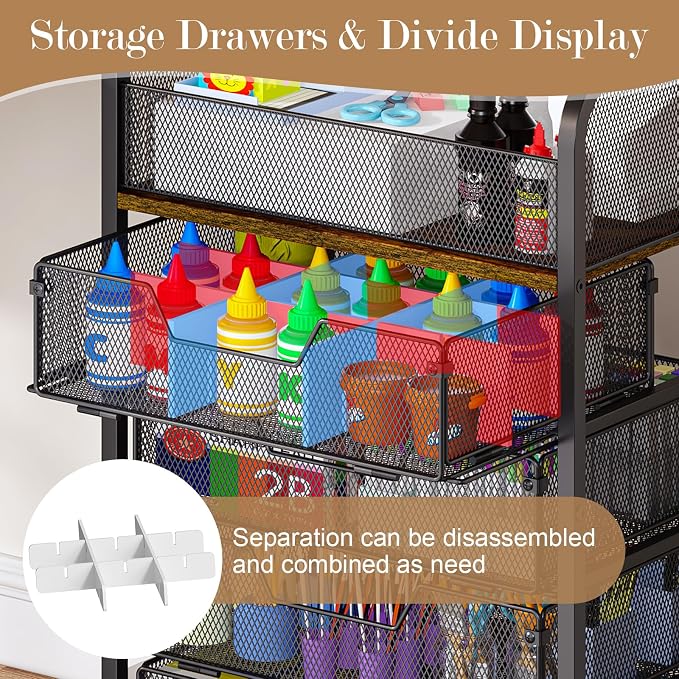 Yociyoga 5-Tier Craft Cart with Wheels-Rolling Storage Cart with Drawers,Rolling Utility Cart with DIY Divider,Art Supply Organizer Cart,Rolling Cart with Drawers,Craft Organizers and Storage,Black