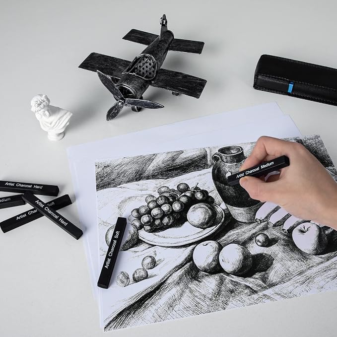 6 Pack Compressed Charcoal Sticks, Vine Charcoal Stick for Drawing, Sketching, Shading, Art Supplies Sketch Kits Tools Soft, Medium and Hard Grade