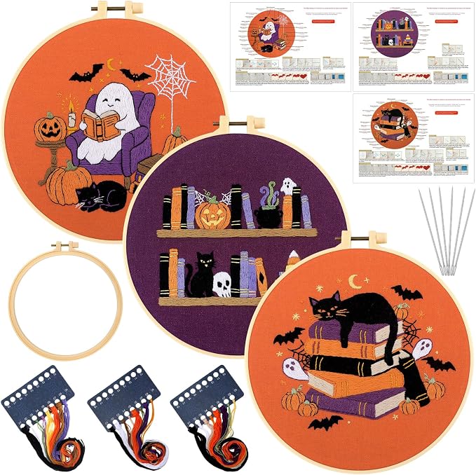 Mindsoft 3 Set Needlepoint Kit for Beginners with Hoop,Halloween Booklover | Bamboo Hoop Thread Needles Instructions, Easy Hand Embroidery for Beginners Home Crafts,Pre-stamped Funny Cute Designs