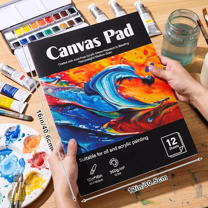 12 Sheets Canvas Paper Pad 12 x 16 in, 350 GSM, Glue Bound | Canvas-Textured Paper; Single-Sided Glue Binding; for Acrylic, Oil, Gouache & Markers; Portable for Studio Or Travel