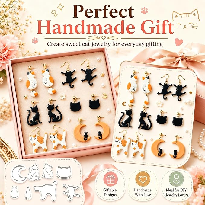 10pcs Cat Polymer Clay Cutters for Earrings, Moon & Cat Molds