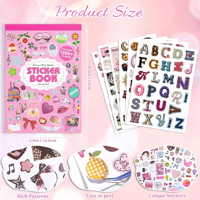 1200Pcs+ Aesthetic Sticker Book, Sweet Cool Y2K Pink Decorative Stickers for Journal Scrapbook Craft Supplies for Adults Teens Girls