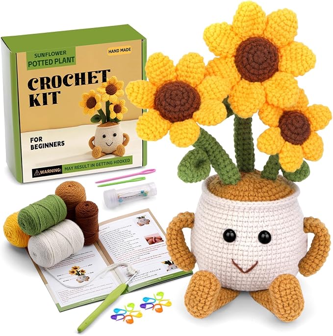 Nitlak Sunflower Potted Plant Crochet Kits, Crochet Starters Kit for Adults