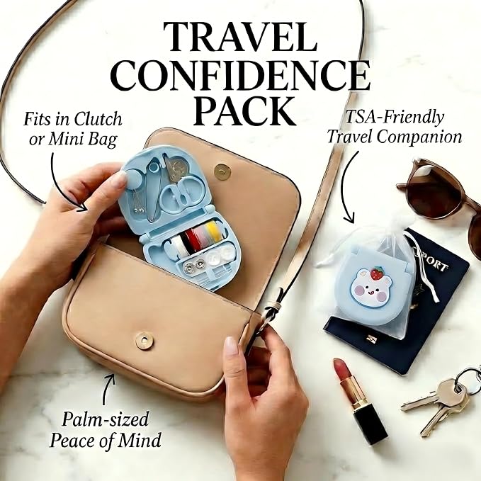 2 Pack Mini Travel Sewing Kit, Portable Emergency Sewing Box with Scissors, Needles, Threads, Compact Clothing Repair Set for Travel, Purse, Office, College Dorm (3D Berry Bear Blue)