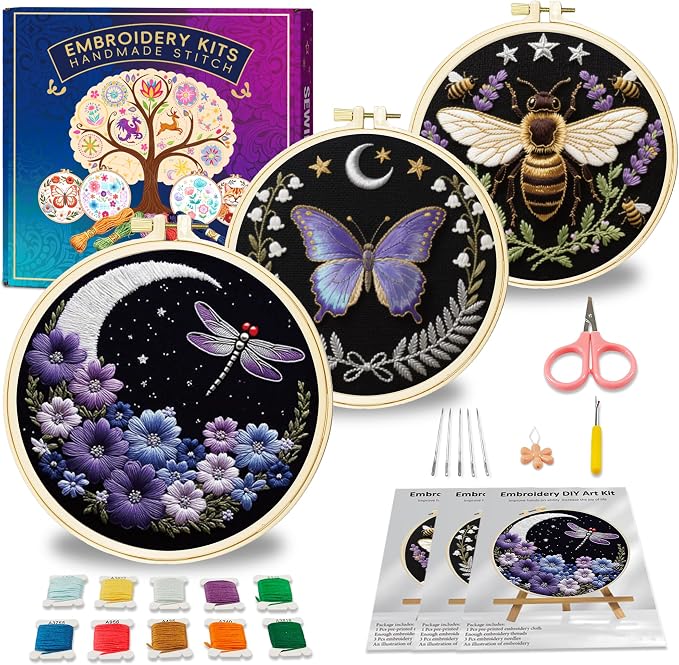 Huacan Embroidery Kit for Adults Beginners with 3 Hoops & Gift Box | DIY Pre-printed Butterfly Patterns, 7.9×7.9 inch Fabric, Complete Embroidery Supplies with Gift Box for Beginners