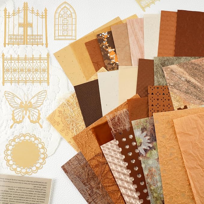 50 Sheets Unique Handmade Textured Scrapbook Paper & Mesh Fabric set - Junk Journal Supplies Craft Paper for Scrapbooking Journaling Supplies for Junk Journal Retro Crafts（Brown）