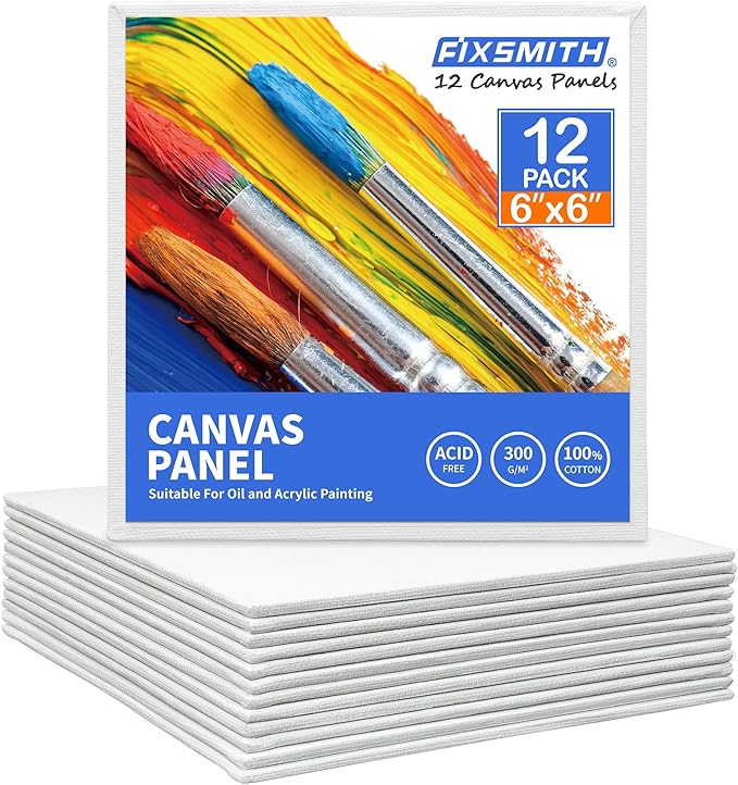 FIXSMITH Canvas Boards for Painting 6x6 Inch, Super Value 12 Pack White Blank Canvas Panels, 100% Cotton Primed, Painting Art Supplies for Professionals, Hobby Painters, Students & Kids