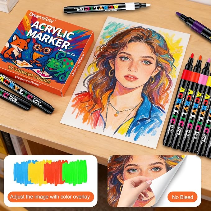 Acrylic Paint Markers Bulk, 72 Pack 12 Colors Medium Tip for Teacher School