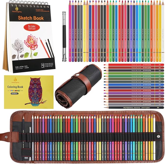 Heshengping 48 Color Colored Pencils Set for Coloring Books with 3-color Sketchbook coloring book Drawing kit Art Supplies with Roll up Canvas Case for Adults Beginners Teens