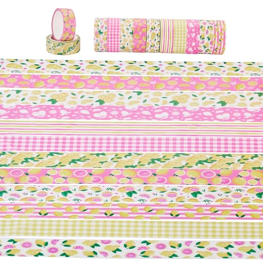 12 Rolls Lemon Washi Scrapbook Tape 15mm Pink Yellow Decorative Bible Tape Set Pack Aesthetic Colored Tapes Rolls Stickers for Crafts DIY Scrapbook Study Journaling Planner Supplies