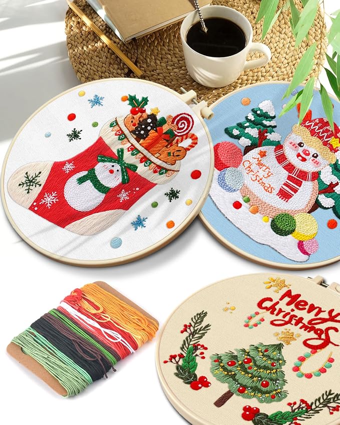 TINDTOP Christmas Embroidery Kit for Adult, 5 Pack Embroidery DIY Starter Kit, with Stamped Patterns, Hoop, Tools, Colorful Threads with Needles, Instructions | 5 Pack with Stamped Patterns, Hoop, Tools, Colorful Threads with Needles, Instructions