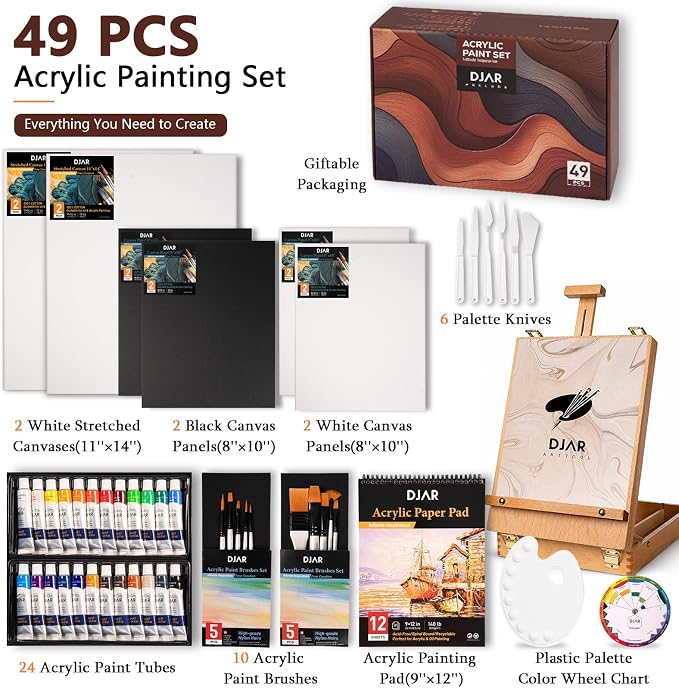 DJAR 49 Pcs Acrylic Paint Set with Tabletop Easel & Canvas, 24 Colors | Complete Art Supplies Kit with Canvas Panels, Brushes and Painting Pads, Painting Set for Kids, Beginners, Adults and artists