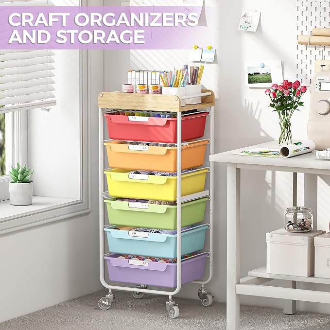 SYKIARIOL Utility Storage Cart with Jelly Bean Color Drawer for Classroom | Rolling Cart with Labeling 6 Drawers, for Kids Room, Dorm, School, Storage Study Arts Craft Sewing Supplies Organizers