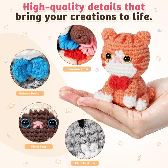 Fortuning's JDS Crochet Kit for Beginners, 3 Cat Crochet Animal Kit Starter | w/ Step-by-Step Video Tutorials, Beginner Crochet Kit for Adults, Bow-Wearing Cat Crochet Set, Crochet Gifts for Cat Lovers