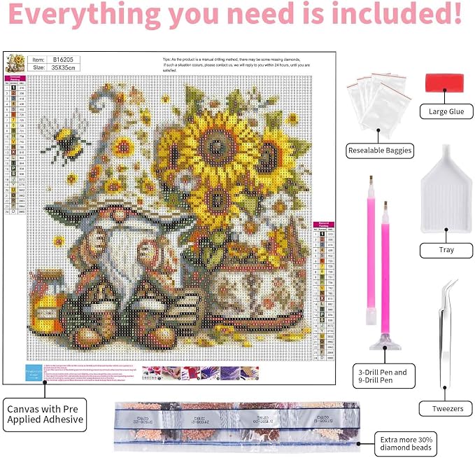 Diamond Art Kits for Adults, 5D Sunflower Gnome Diamond Painting Kit