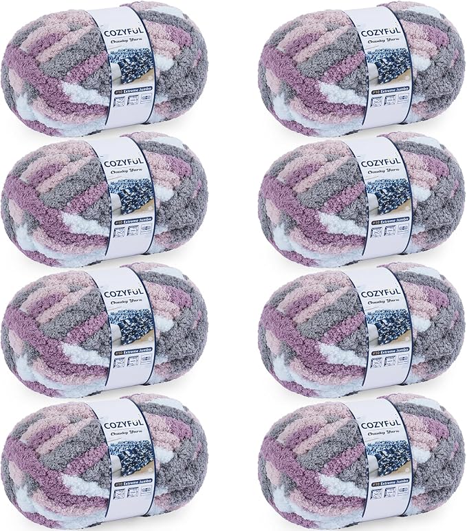 Cozyful Chunky Yarn for Hand Knitting - #10 Chunky Chenille Blanket Yarn, Jumbo Big Thick Chunky Yarns for Crocheting, Tie Dye Bulky Knit Yarns, 8 Skein (20 yds 8 oz Each Skein), Purple & Grey & Sky
