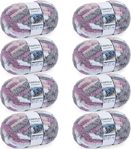 Cozyful Chunky Yarn for Hand Knitting - #10 Chunky Chenille Blanket Yarn, Jumbo Big Thick Chunky Yarns for Crocheting, Tie Dye Bulky Knit Yarns, 8 Skein (20 yds 8 oz Each Skein), Purple & Grey & Sky