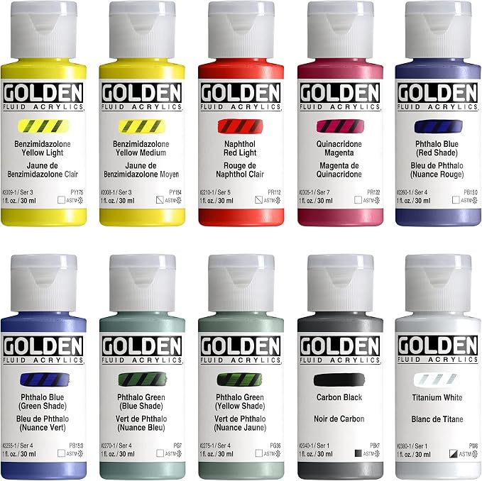 GOLDEN Fluid Acrylics Mixing Set, 10 x 30 ml Bottles