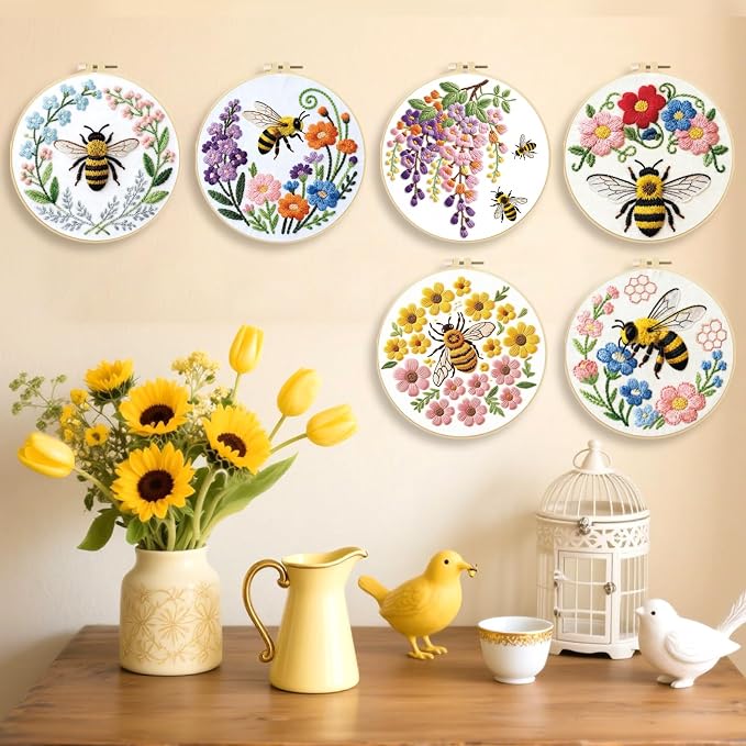 ORIGACH 6 Pack Bees & Flowers Embroidery Kits for Beginners, DIY Starter Hand Embroidery Kit with Floral & Bees Patterns and Instructions for Adults Women Crafting
