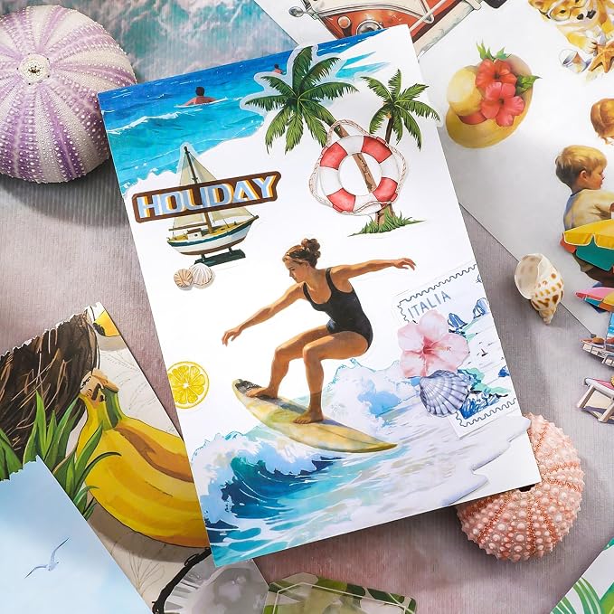 PRSTINCOL Summer Beach Stickers Book,50 Sheets Vintage Ocean Sticker Book for Journaling Scrapbooking,8.3x5.5 Inch Aesthetic Surf Stickers for Adults Crafts
