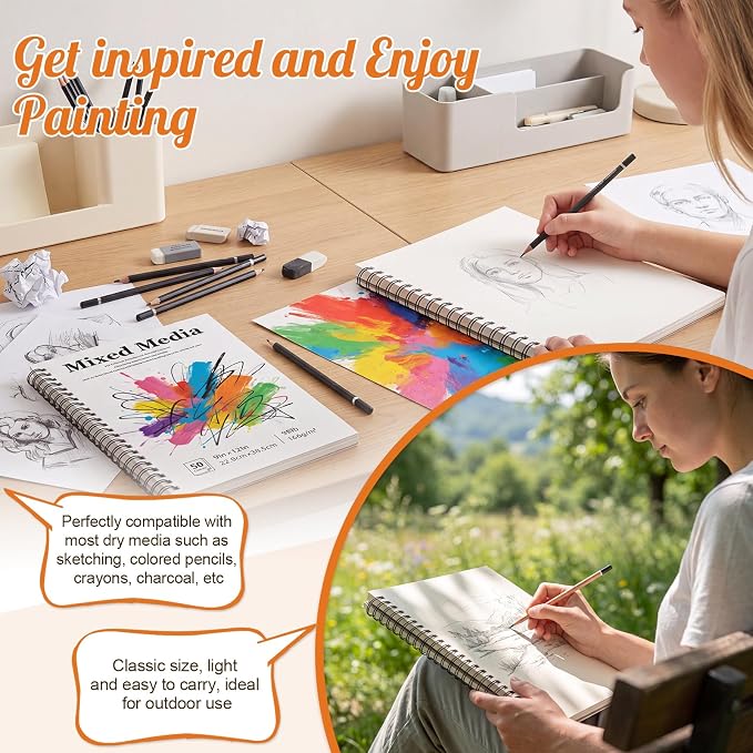9 × 12 Inch Sketch Book, Spiral Bound Drawing Pad, Perforated Pages | Abstract Cover, Smooth Paper for Pencil Charcoal Pastel Ink, Folds Back Easily, Tear-Out Sheets for Class Or Travel