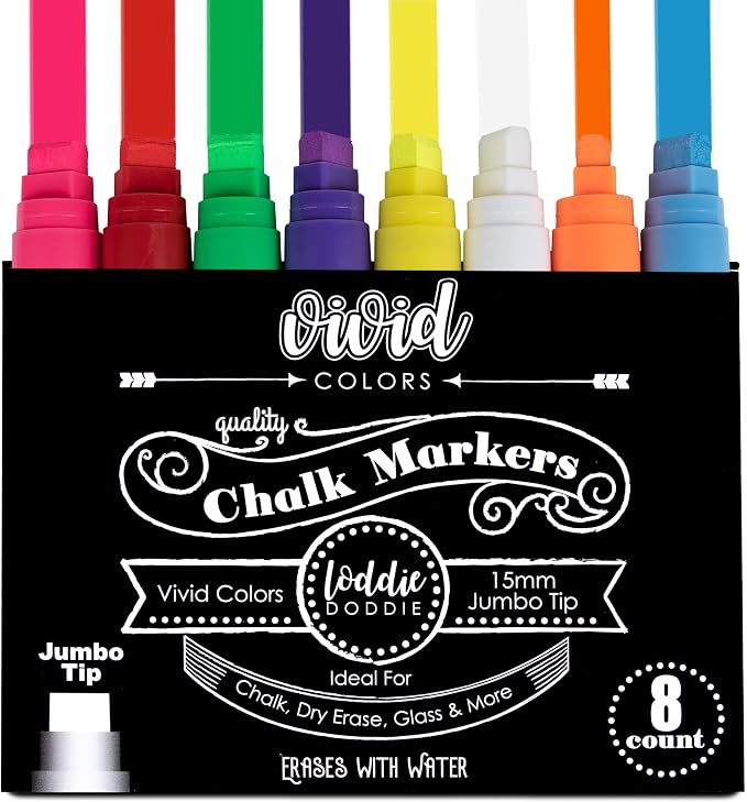 Loddie Doddie Chalk Markers for Blackboard, Wipes with Water, 15 mm, 8 Pack | Wipes Away with Water, For Glass & Non-Porous Surfaces, Smudge Proof, Jumbo Chisel Tip, Multicolor Set
