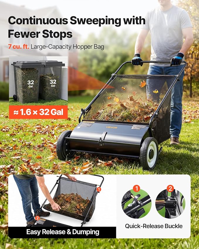 VEVOR Push Lawn Sweeper 26 Inch Leaf & Grass Collector Strong Rubber Wheels