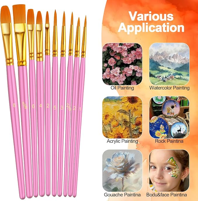 Paint Brushes Set, 16 Pack 160 Pcs Round-Pointed Tip Paintbrushes Nylon Hair Artist Acrylic Paint Brushes for Acrylic Oil Watercolor, Face Nail Art, Miniature Detailing & Rock Painting, Pink