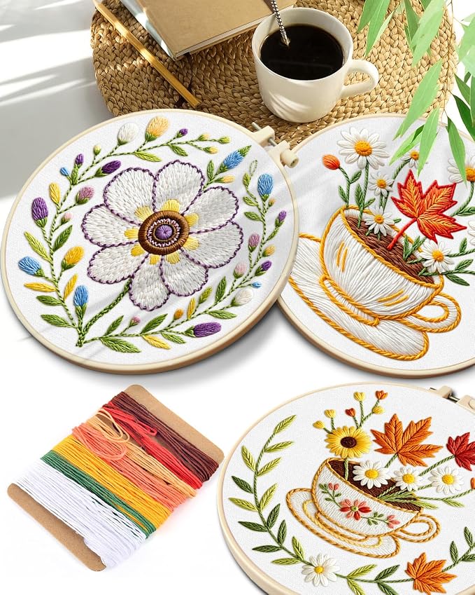 TINDTOP Embroidery Kit for Adult, 3 Pack Embroidery DIY Starter Kit, with Stamped Patterns, Hoop, Tools, Colorful Threads with Needles, Instructions (Flower Cup) | with Stamped Patterns, Hoop, Tools, Colorful Threads with Needles, Instructions (Flower ...