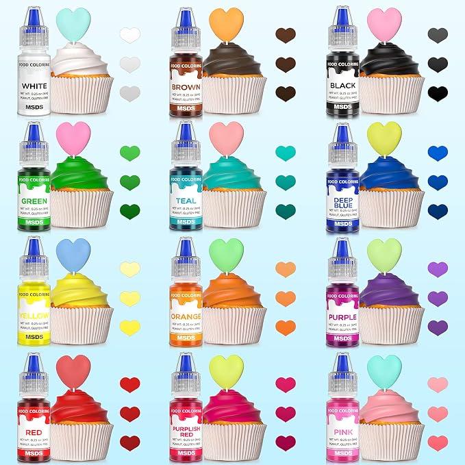 Cherrysea 12 Colors Food Coloring Set - Vibrant Liquid Food Colors Frosting Dye Tasteless for Cake Decorating, Easter Egg, Royal Icing, Fondant, Macaron - 0.25 Fl. oz/Bottles