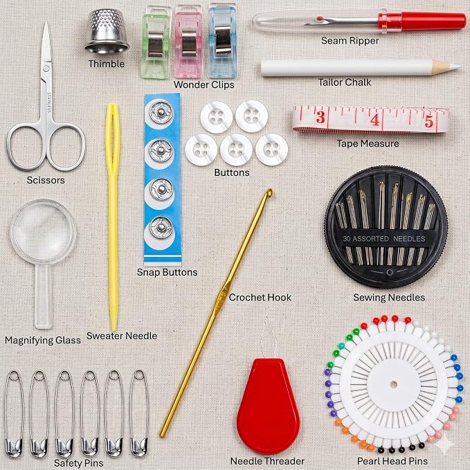 142-Piece Travel Sewing Kit for Adults & Kids, Small Needle & Thread Kit | Mini Emergency Repair Sewing Kit, Beginner Set with Multicolor Thread, Needles, Scissors, Thimble, Clips & Travel Case