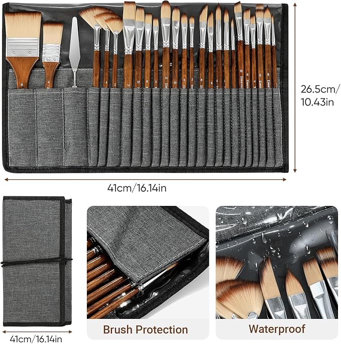 25pcs Paint Brush Set, Professional Paint Brush Set with Cloth Roll and Paint Spatula, Nylon Brushes for Acrylic Painting,Watercolor,Oil,Gouache, Art Supplies for Beginners and Artists (Wood)