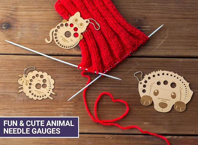 The Quilted Bear Wooden Knitting Needle Gauge - Knitting Gauge Measuring Tool for Accurate Needle Measurements with Metric & Imperial Sizes 0.7mm to 15mm & US 6-0 to 19 in Various Fun Designs (Dog)