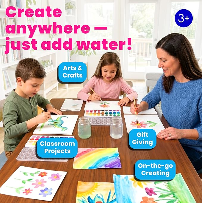 Ooly Lil' Watercolor Complete Bundle, 36 Color Pods & 7 Brushes | Ages 3+, 36 Color Pods, 7 Easy-Dry Brushes, 20 Sheets of 200 GSM Paper, Complete Watercolor Set for Kids and Children