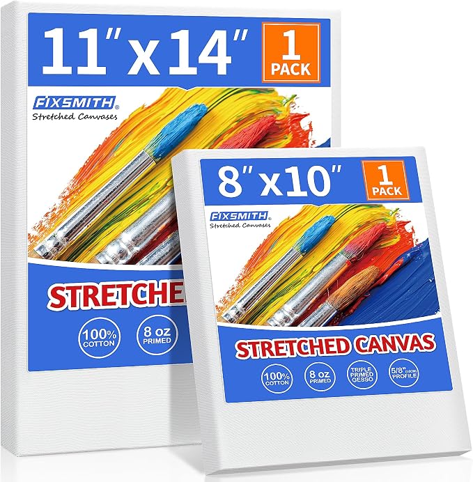 FIXSMITH Stretched Canvas for Painting, 8"x10", 11"x14", Pack of 2, Pre-Primed Canvases Wood Framed, Blank White Painting Canvas Boards for Acrylic, Oil and Gouache Painting