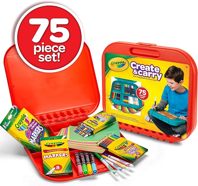 Crayola Create 'N Carry Travel Art Set for Kids (75pcs), 2-in-1 Lap Desk & Carrying Case, Essential Art Supplies Kit, Spring Crafting, Gift for Kids | Portable Art Set for Kids, Colored Pencils, Crayons, Markers, Drawing, Coloring, Crafting Gift for Bo...