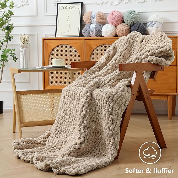 Cozyful Chunky Yarn for Hand Knitting - #10 Chunky Chenille Yarn, Jumbo Big Thick Chunky Yarns for Crocheting, Super Bulky Chunky Knit Blanket Yarns, 8 Skein (22 yds 8 oz Each Skein), Khaki