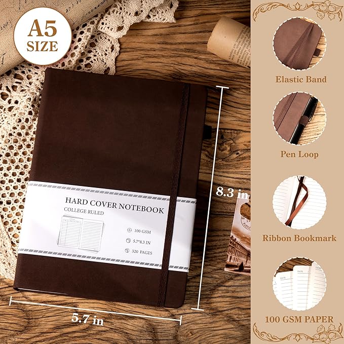CAGIE Journal Notebook for Men Women Leather Journaling Diary Daily, Brown