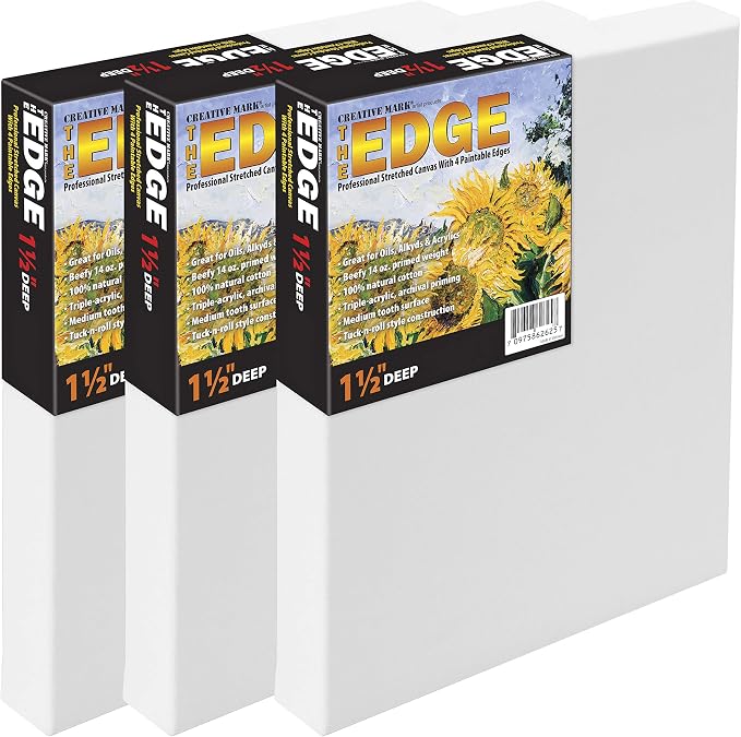 Creative Mark The Edge Deluxe Cotton 1-1/2" Deep Stretched Canvas for Painting, 16x16 Pack of 6, 14oz. Primed Weight, Universal Archival Priming, Medium Tooth, Frameless Artwork Canvas for Painters