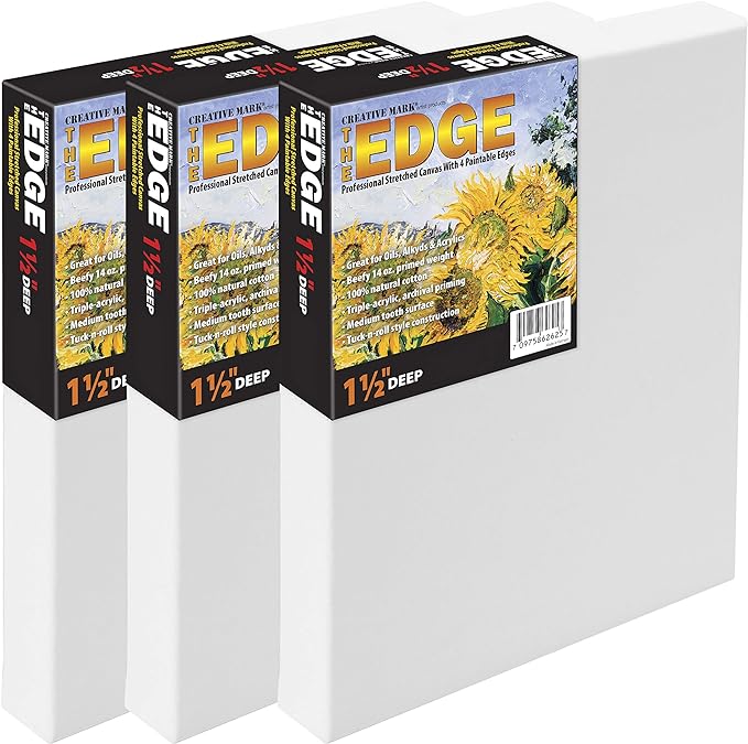 Creative Mark The Edge Deluxe Cotton 1-1/2" Deep Stretched Canvas for Painting, 4x4 Pack of 3, 14oz. Primed Weight, Universal Archival Priming, Medium Tooth, Hand-Stretched Canvas for Painters