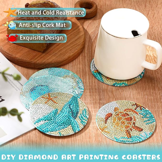 UPINS Ocean Diamond Art Painting Coaster Kit, 8Pcs DIY Crafts Kit with Holder, Non Slip Coaster Art Supplies for Adults, Ideal Christmas Gift | Beach DIY Crafts Kit with Holder,Non Slip Coaster Art Supplies for Adults,Ideal Christmas Gift