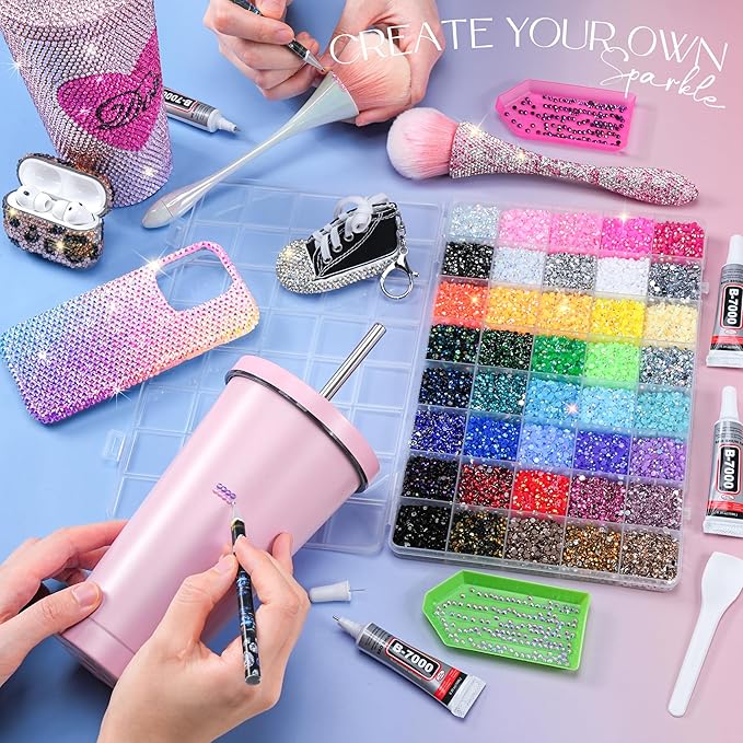 50000Pcs Bedazzling Kit with Rhinestones 3mm, 40 Colors Bedazzler Kit Resin Rhinestones Nail Gems & Glitter Gem Art Supplies, Diamond Art Kits Accessories with Pickup Pen, 4pcs 10ml B7000 Glue