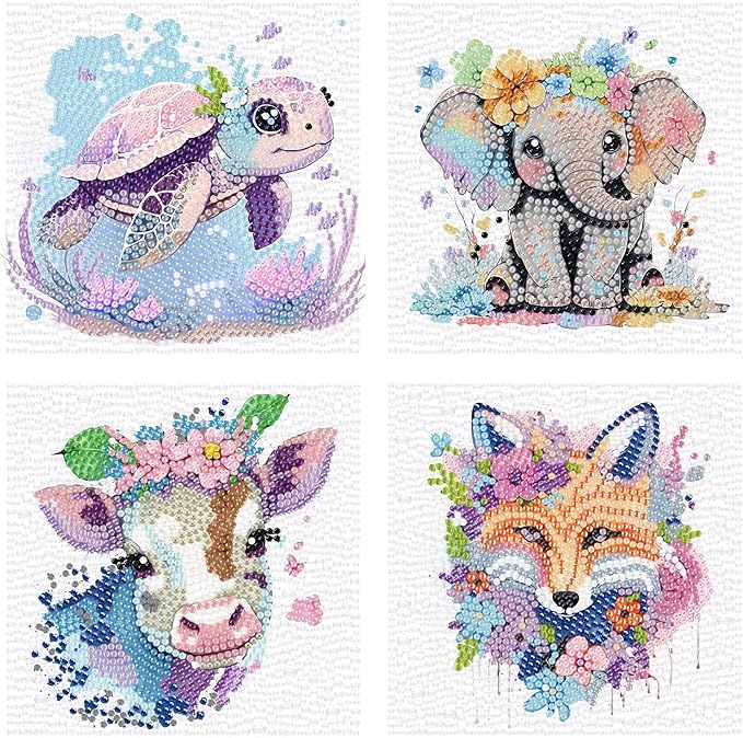 VividMeng 4 Pack Diamond Art Kits for Kids, 5D DIY Cute Animals Diamond Painting Kit for Kids Beginners, Gem Art by Number Kits for Boys Girls Ages 6-8-12-14, Home Wall Decor Gift for Party 6X6inch