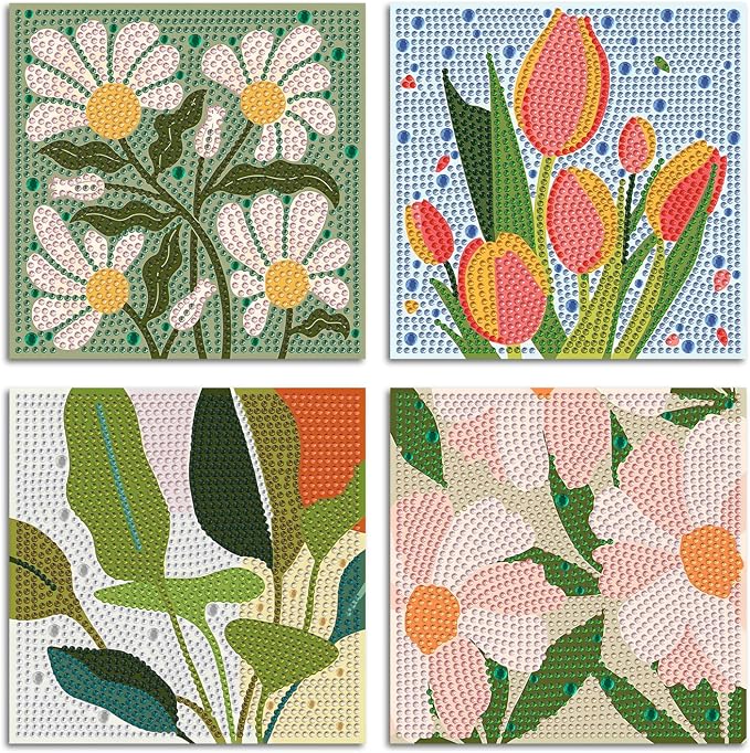 ICYANART 4 Pack Flowers Diamond Art Painting Kits for Kids Simple 6x6Inch | Flowers Diamond Art Kits for Kids Ages 4-8-12, Small Diamond Art Kits for Kids, Arts and Crafts for Kids Ages 8-12 (no Frame)