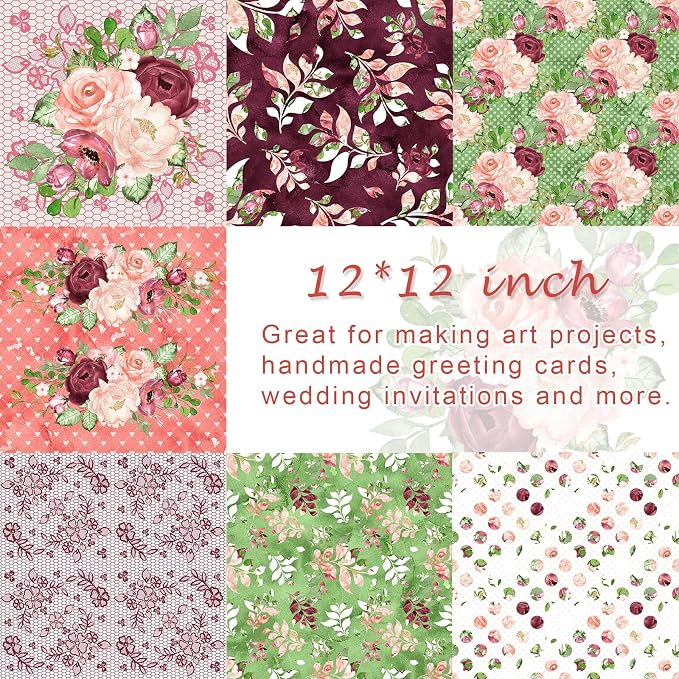 28 Sheets Scrapbook Paper, Floral Scrapbooking Specialty Papers 160gsm Cardmaking Craft Paper Pack Decorative Paper for Card Making (12"X12" Inch, Masrala)