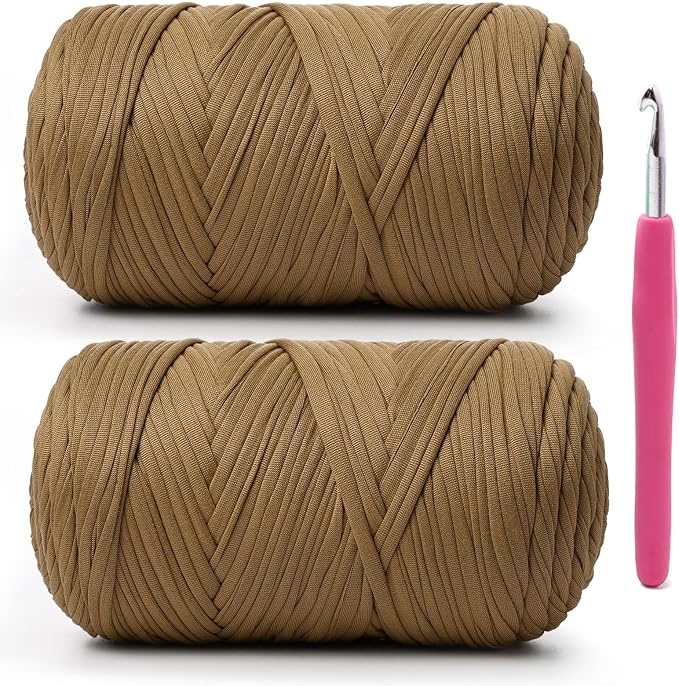2 Pack Soft Tshirt Crochet Yarn, 800g/228yds High Elastic Hand Knitting Yarns, Thick T Shirt Yarn for Crocheting Bags, Baskets, Cushions, DIY Crafts(Deep Khaki + Deep Khaki)